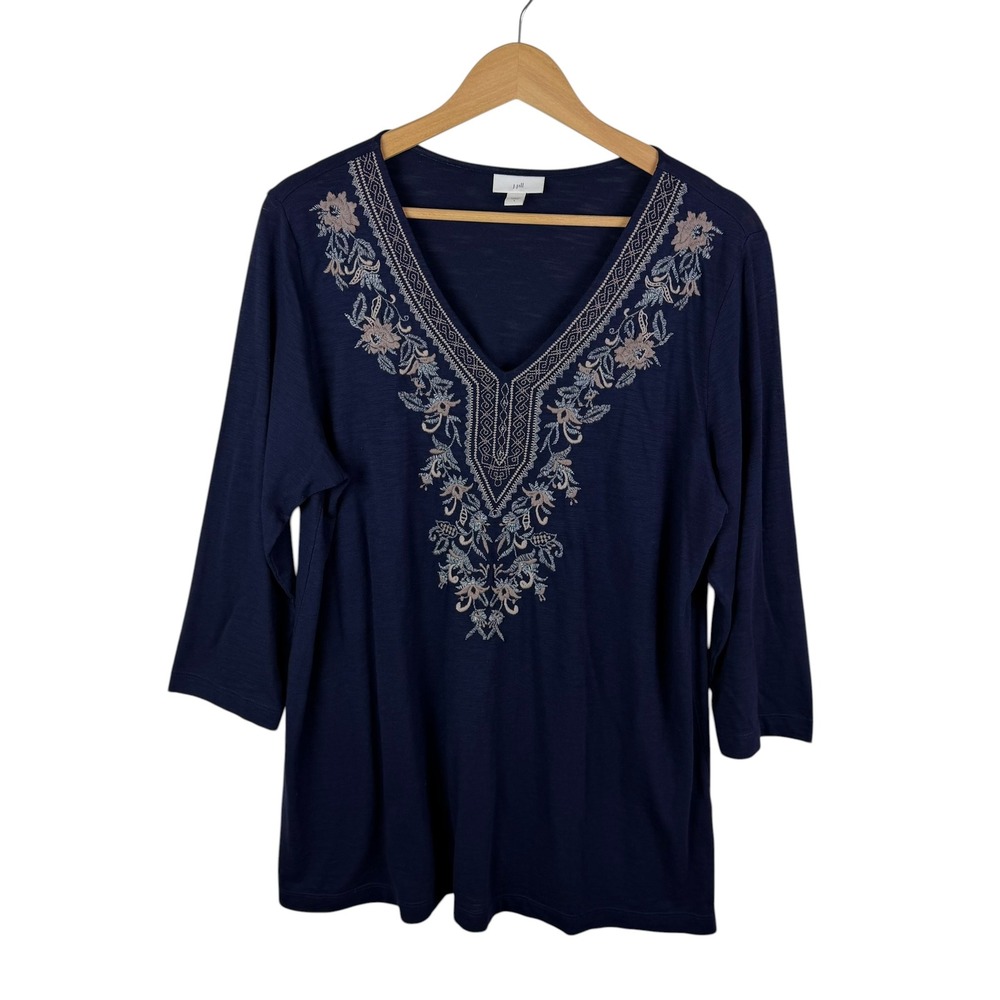 J Jill Blue Embroidered V-Neck Tunic Top Large Soft Stretch Comfy Boho Peasant